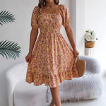 Sommer-Damen-Strandkleid mit Blumenmuster, 3D-Druck, quadratischer Ausschnitt, kurzärmelig, Damen-Taille, gerüschtes A-Linien-Kleid für Damen, Urlaubskleider - flohmarkt-deutschland.shop