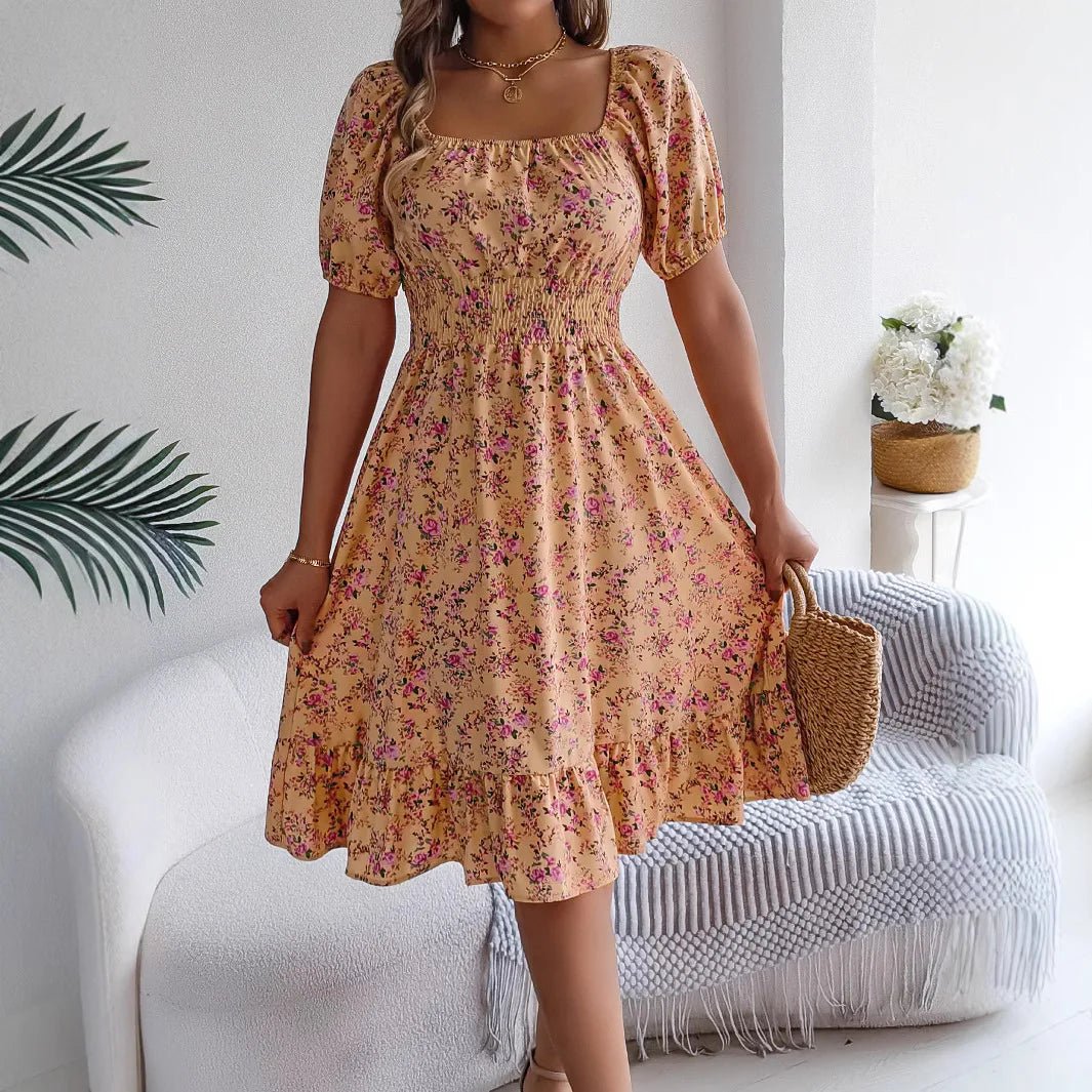 Sommer-Damen-Strandkleid mit Blumenmuster, 3D-Druck, quadratischer Ausschnitt, kurzärmelig, Damen-Taille, gerüschtes A-Linien-Kleid für Damen, Urlaubskleider - flohmarkt-deutschland.shop