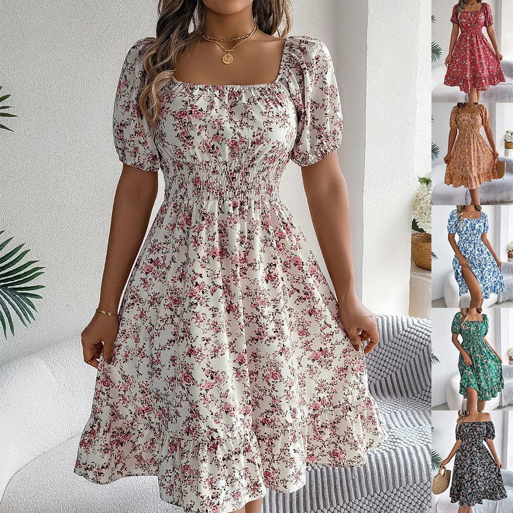 Sommer-Damen-Strandkleid mit Blumenmuster, 3D-Druck, quadratischer Ausschnitt, kurzärmelig, Damen-Taille, gerüschtes A-Linien-Kleid für Damen, Urlaubskleider - flohmarkt-deutschland.shop