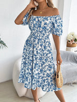Sommer-Damen-Strandkleid mit Blumenmuster, 3D-Druck, quadratischer Ausschnitt, kurzärmelig, Damen-Taille, gerüschtes A-Linien-Kleid für Damen, Urlaubskleider - flohmarkt-deutschland.shop