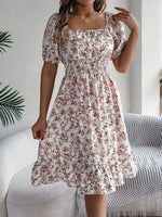 Sommer-Damen-Strandkleid mit Blumenmuster, 3D-Druck, quadratischer Ausschnitt, kurzärmelig, Damen-Taille, gerüschtes A-Linien-Kleid für Damen, Urlaubskleider - flohmarkt-deutschland.shop