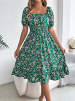 Sommer-Damen-Strandkleid mit Blumenmuster, 3D-Druck, quadratischer Ausschnitt, kurzärmelig, Damen-Taille, gerüschtes A-Linien-Kleid für Damen, Urlaubskleider - flohmarkt-deutschland.shop
