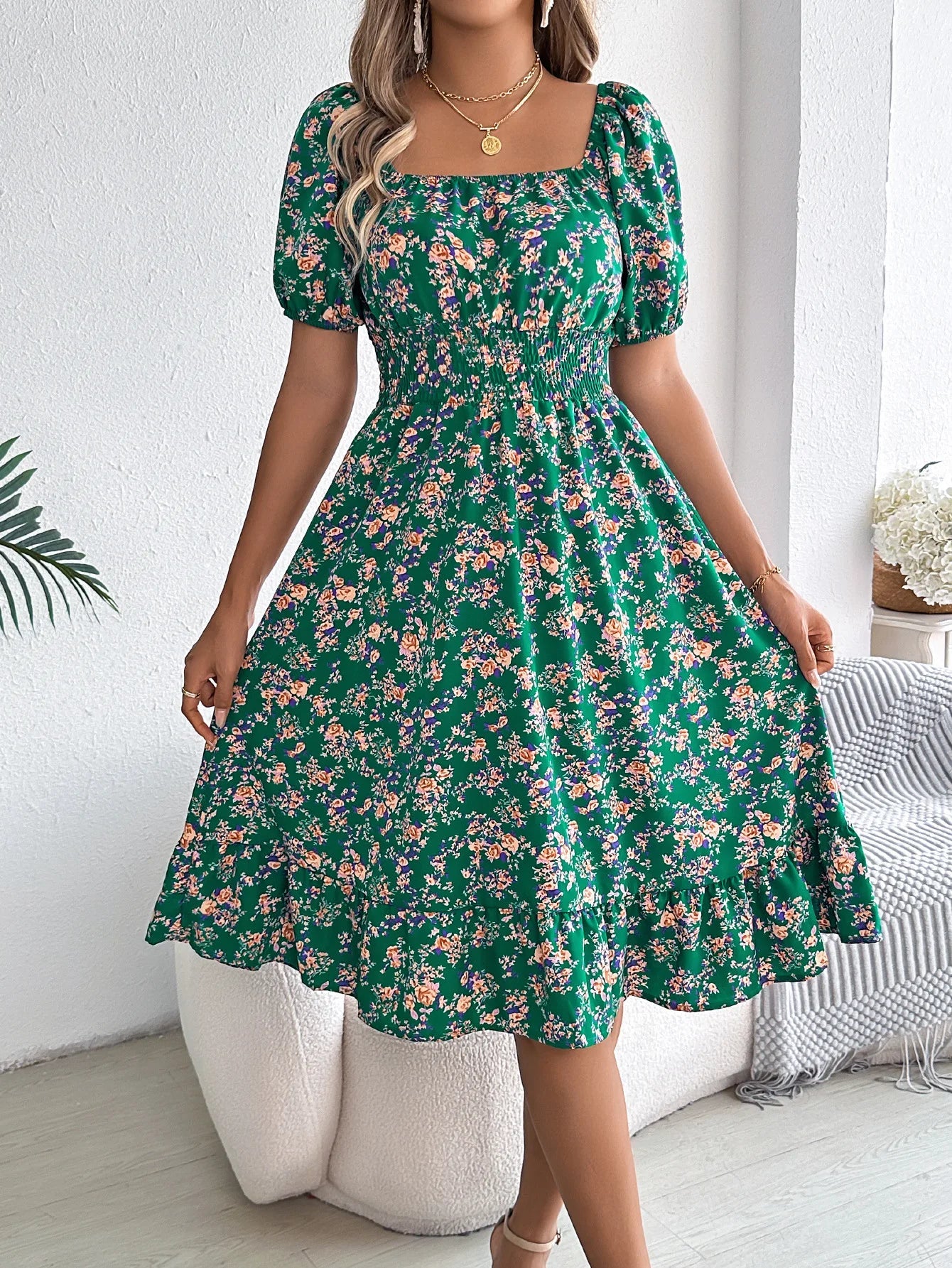Sommer-Damen-Strandkleid mit Blumenmuster, 3D-Druck, quadratischer Ausschnitt, kurzärmelig, Damen-Taille, gerüschtes A-Linien-Kleid für Damen, Urlaubskleider - flohmarkt-deutschland.shop