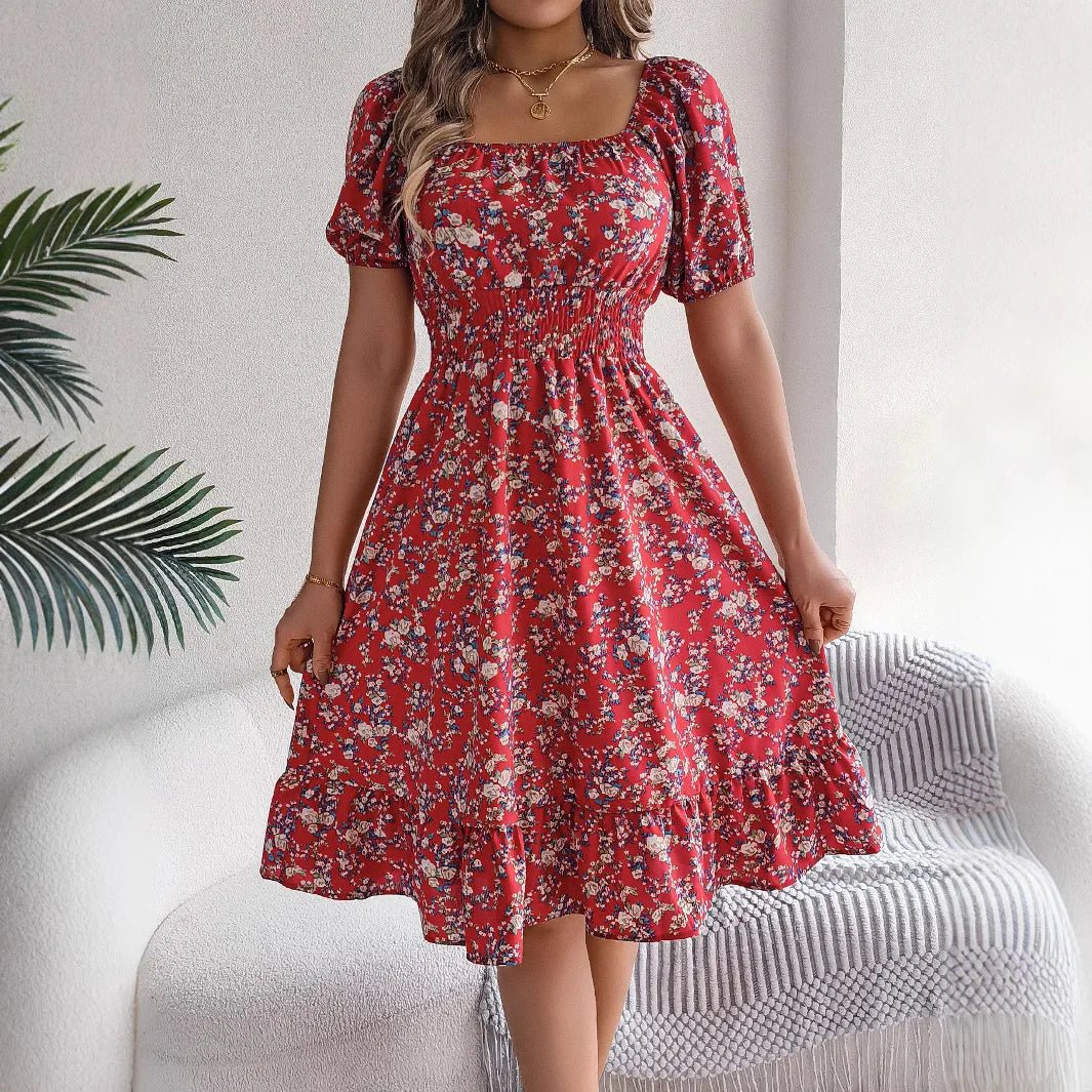 Sommer-Damen-Strandkleid mit Blumenmuster, 3D-Druck, quadratischer Ausschnitt, kurzärmelig, Damen-Taille, gerüschtes A-Linien-Kleid für Damen, Urlaubskleider - flohmarkt-deutschland.shop