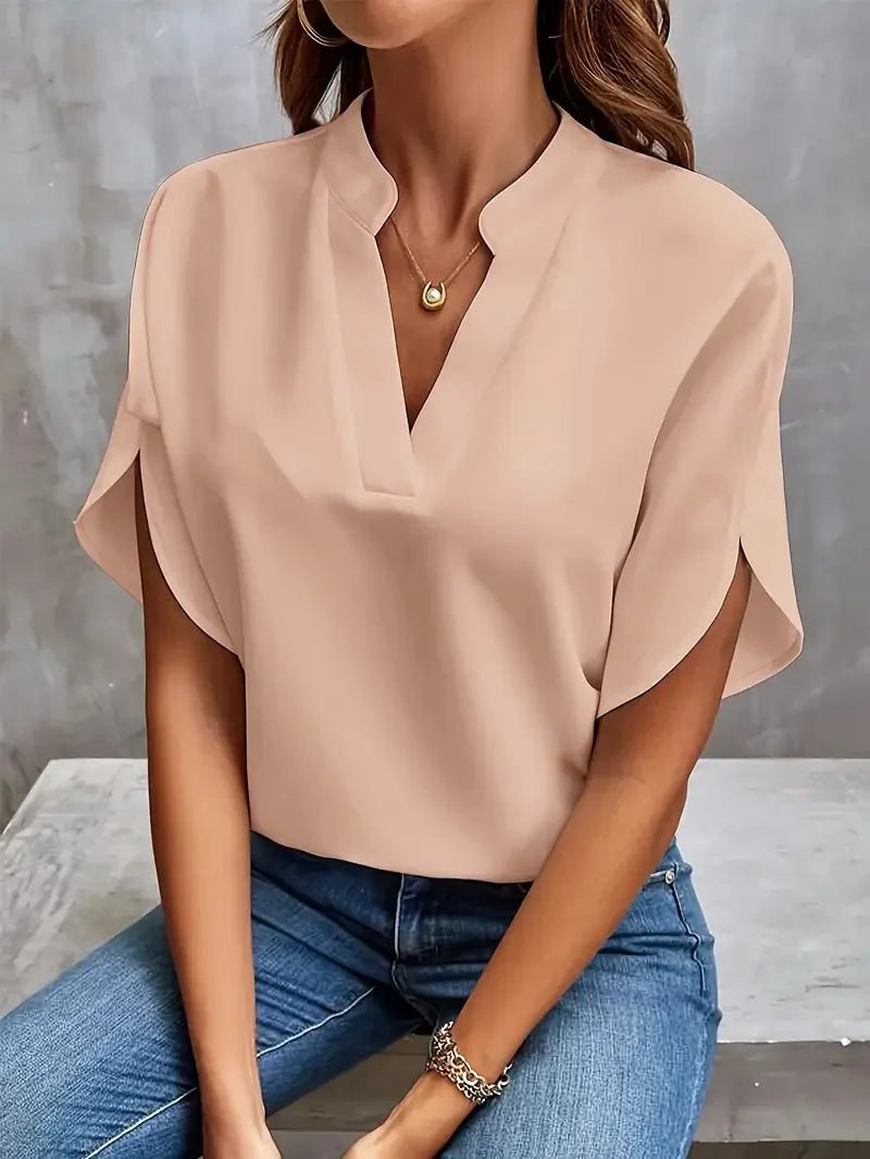 Sommer Elegante frauen Bluse Neue V-ausschnitt Kurzarm Einfarbig Lose Hemd Casual Weiß Tops Büro Dame Blusen - flohmarkt-deutschland.shop