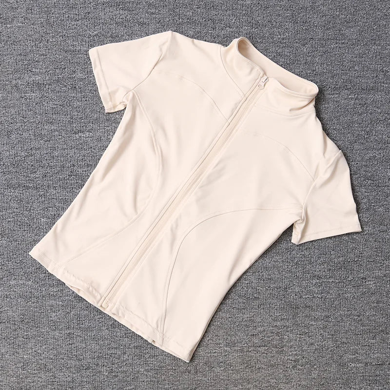 Sommer Hohe Qualität Taille Abnehmen Training Tops frauen Schnell trocknend Engen Stehkragen Voll Zipper Kurzen Ärmeln Yoga shirts - flohmarkt-deutschland.shop