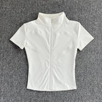Sommer Hohe Qualität Taille Abnehmen Training Tops frauen Schnell trocknend Engen Stehkragen Voll Zipper Kurzen Ärmeln Yoga shirts - flohmarkt-deutschland.shop