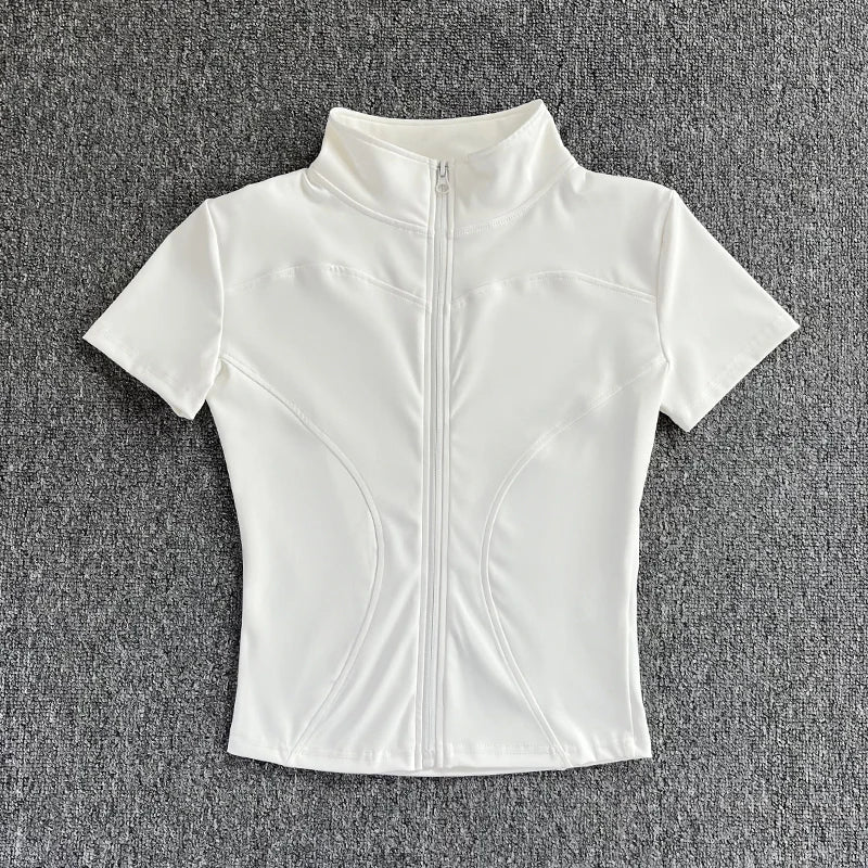 Sommer Hohe Qualität Taille Abnehmen Training Tops frauen Schnell trocknend Engen Stehkragen Voll Zipper Kurzen Ärmeln Yoga shirts - flohmarkt-deutschland.shop
