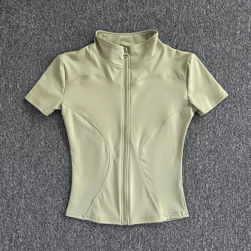 Sommer Hohe Qualität Taille Abnehmen Training Tops frauen Schnell trocknend Engen Stehkragen Voll Zipper Kurzen Ärmeln Yoga shirts - flohmarkt-deutschland.shop