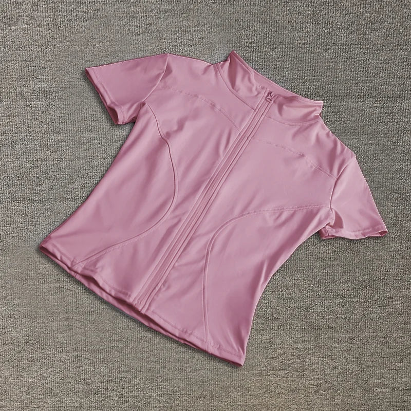 Sommer Hohe Qualität Taille Abnehmen Training Tops frauen Schnell trocknend Engen Stehkragen Voll Zipper Kurzen Ärmeln Yoga shirts - flohmarkt-deutschland.shop