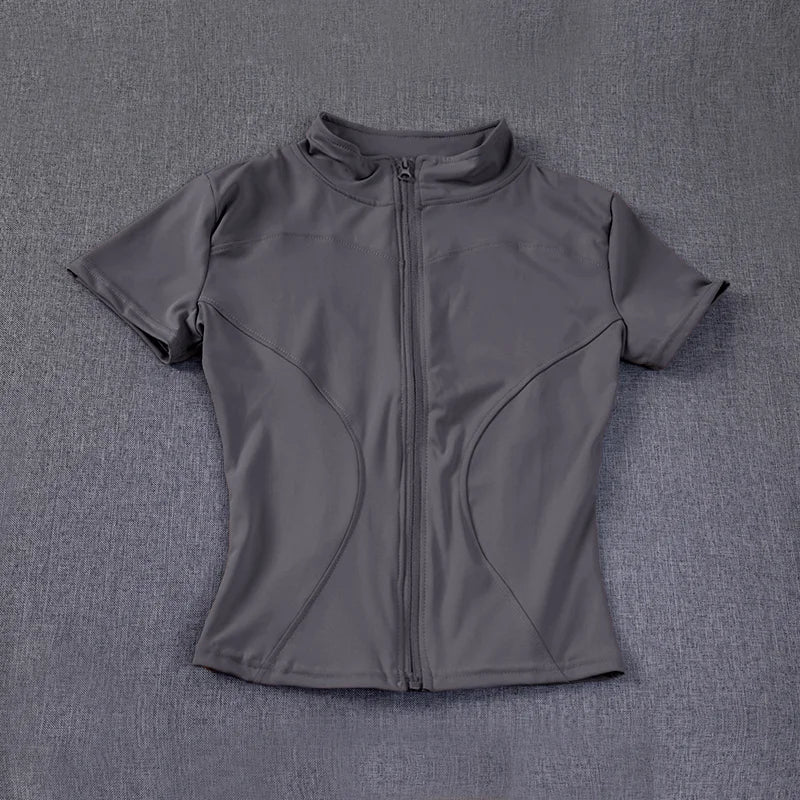 Sommer Hohe Qualität Taille Abnehmen Training Tops frauen Schnell trocknend Engen Stehkragen Voll Zipper Kurzen Ärmeln Yoga shirts - flohmarkt-deutschland.shop