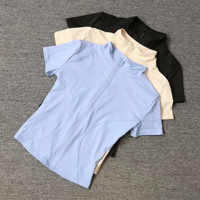 Sommer Hohe Qualität Taille Abnehmen Training Tops frauen Schnell trocknend Engen Stehkragen Voll Zipper Kurzen Ärmeln Yoga shirts - flohmarkt-deutschland.shop