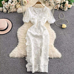 Sommer Luxus Midi Lange Kleider Party Elegante 3D Blume Stickerei Kurzarm Bleistift Tüll Prom Formale Kleid Frauen - flohmarkt-deutschland.shop