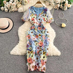 Sommer Luxus Midi Lange Kleider Party Elegante 3D Blume Stickerei Kurzarm Bleistift Tüll Prom Formale Kleid Frauen - flohmarkt-deutschland.shop