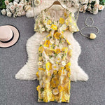Sommer Luxus Midi Lange Kleider Party Elegante 3D Blume Stickerei Kurzarm Bleistift Tüll Prom Formale Kleid Frauen - flohmarkt-deutschland.shop