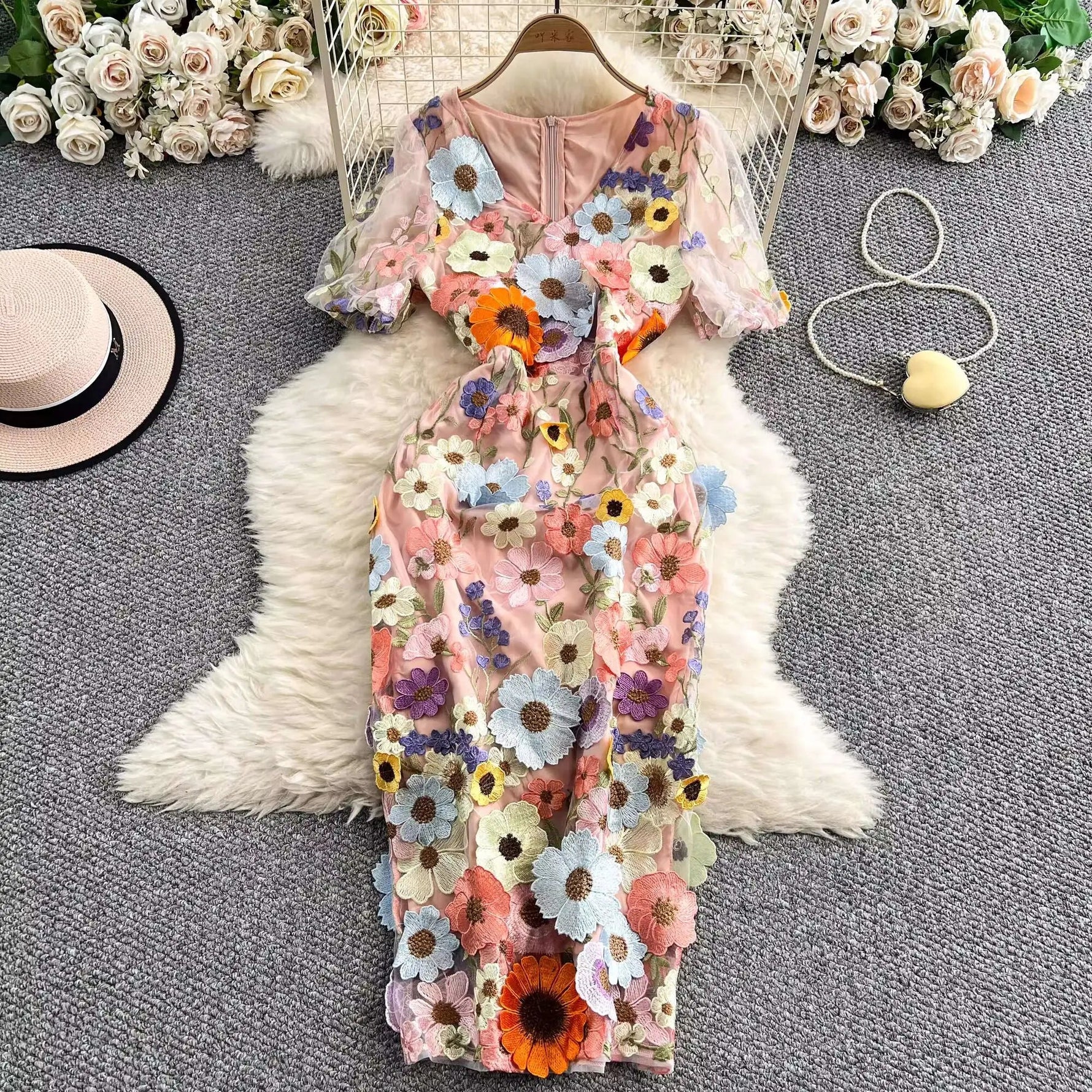 Sommer Luxus Midi Lange Kleider Party Elegante 3D Blume Stickerei Kurzarm Bleistift Tüll Prom Formale Kleid Frauen - flohmarkt-deutschland.shop
