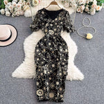 Sommer Luxus Midi Lange Kleider Party Elegante 3D Blume Stickerei Kurzarm Bleistift Tüll Prom Formale Kleid Frauen - flohmarkt-deutschland.shop