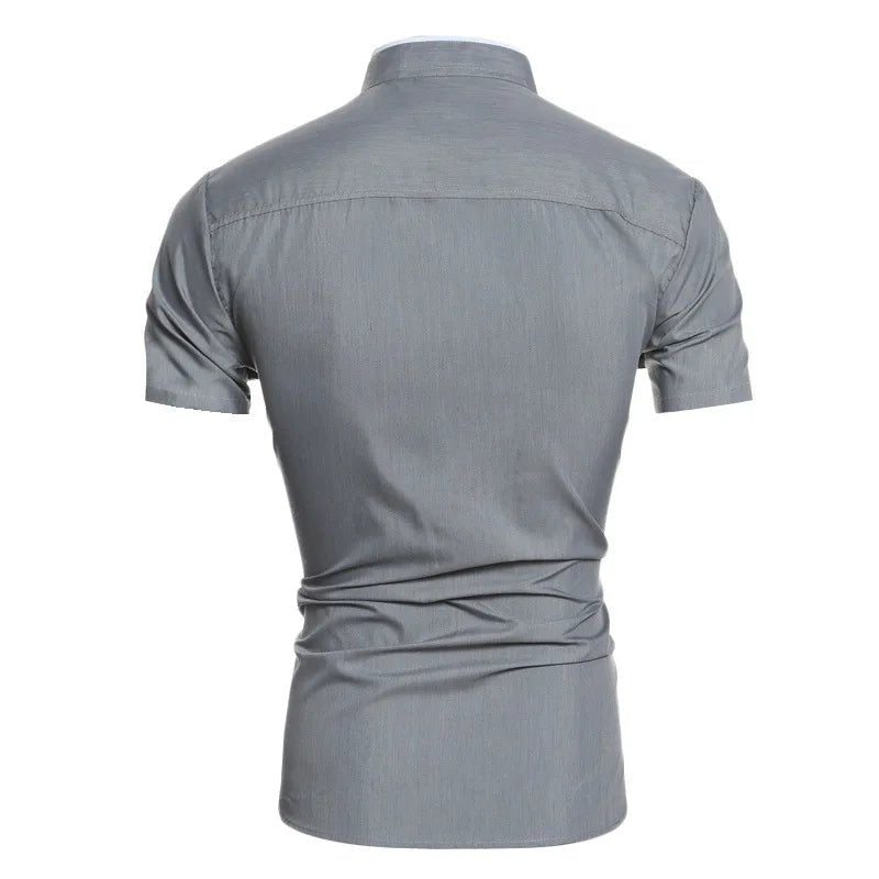 Sommer männer stehkragen einfarbig block kurzarm hemd lässige mode einreiher männer kontrast hemd - flohmarkt-deutschland.shop