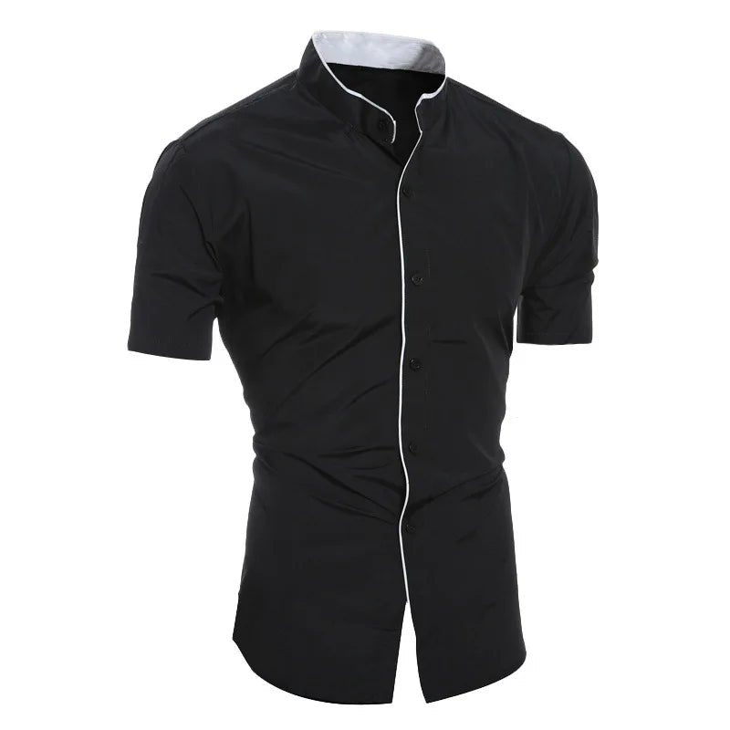 Sommer männer stehkragen einfarbig block kurzarm hemd lässige mode einreiher männer kontrast hemd - flohmarkt-deutschland.shop