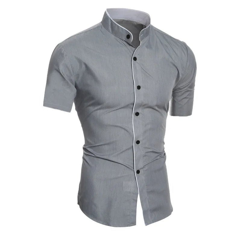 Sommer männer stehkragen einfarbig block kurzarm hemd lässige mode einreiher männer kontrast hemd - flohmarkt-deutschland.shop