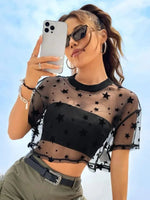Sommer-Outfits mit Sternenmuster, tief angesetzte Schulter, bauchfreies Mesh-Top ohne Leibchen - flohmarkt-deutschland.shop