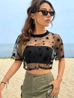 Sommer-Outfits mit Sternenmuster, tief angesetzte Schulter, bauchfreies Mesh-Top ohne Leibchen - flohmarkt-deutschland.shop