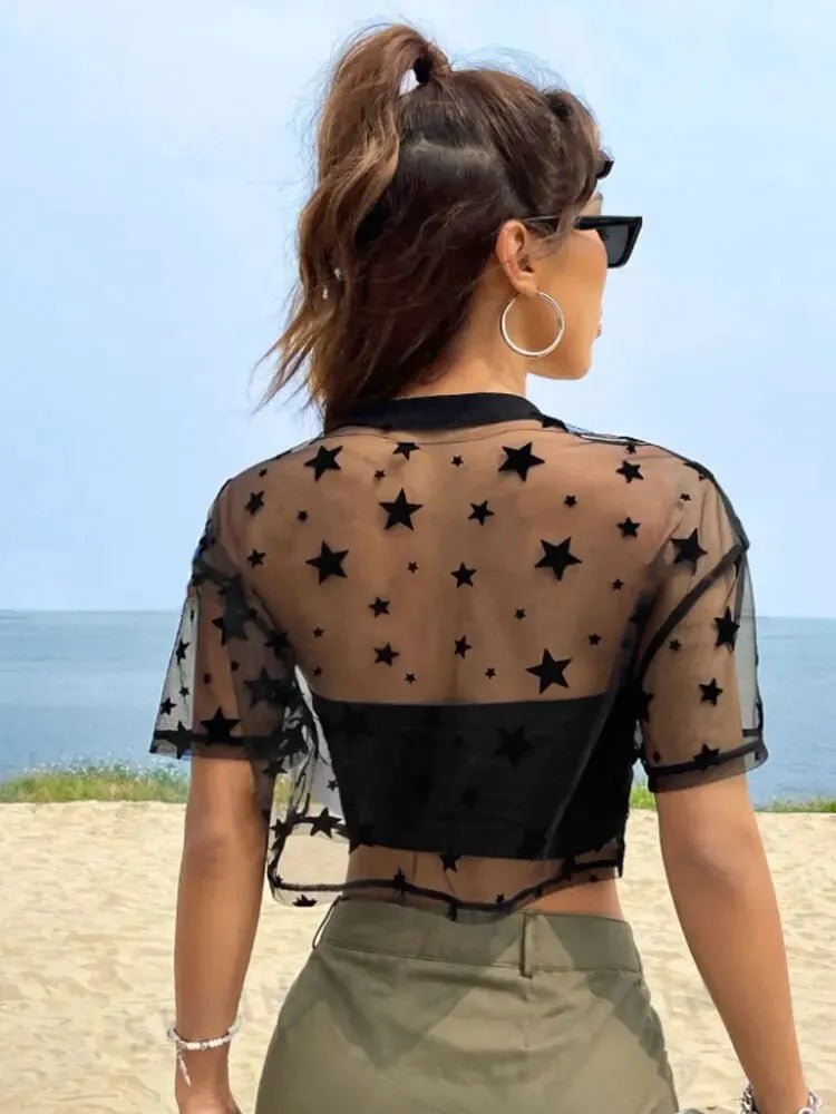 Sommer-Outfits mit Sternenmuster, tief angesetzte Schulter, bauchfreies Mesh-Top ohne Leibchen - flohmarkt-deutschland.shop