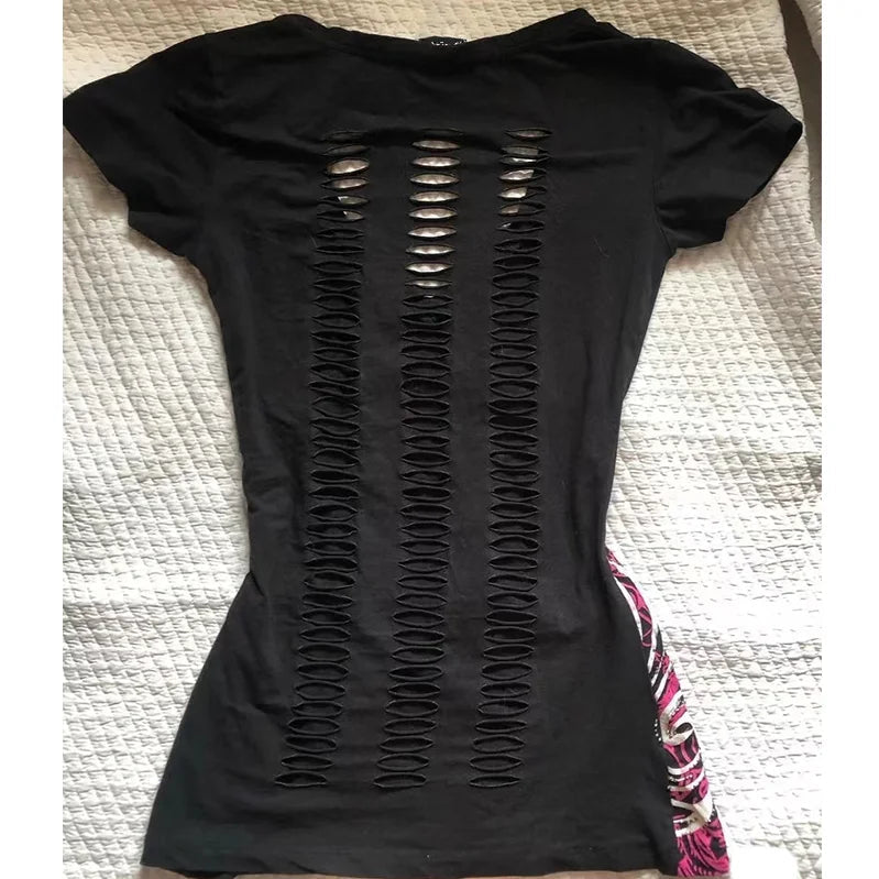 Sommerliches amerikanisches Vintage-Hohlmuster-Design Damen Y2K Punk T-Shirt Slim Kurzarm-T-Shirts Gothic Harajuku Chic Print Top - flohmarkt-deutschland.shop