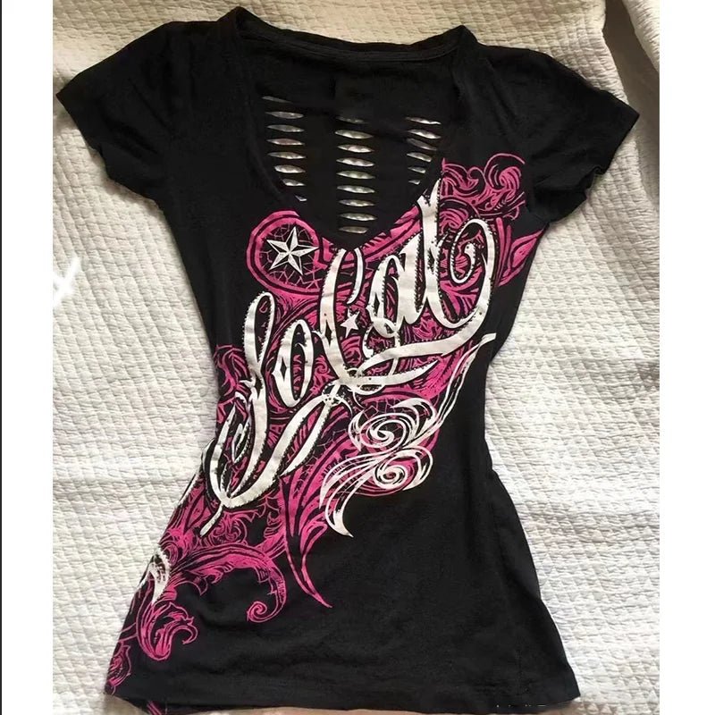 Sommerliches amerikanisches Vintage-Hohlmuster-Design Damen Y2K Punk T-Shirt Slim Kurzarm-T-Shirts Gothic Harajuku Chic Print Top - flohmarkt-deutschland.shop