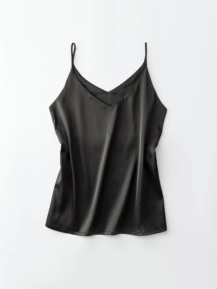 Spaghettiträger-Top für Damen, Neckholder, V-Ausschnitt, Basic, weiß, Cami, ärmellos, Satin-Seiden-Tanktops, Damen-Sommer-Unterhemd - flohmarkt-deutschland.shop