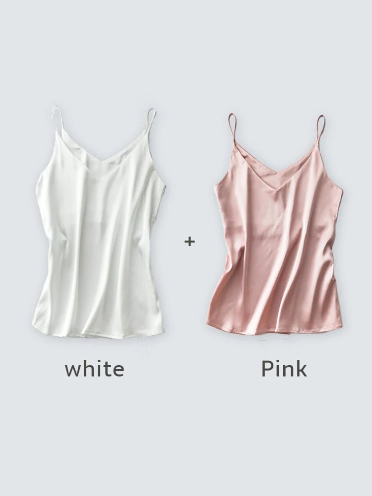 Spaghettiträger-Top für Damen, Neckholder, V-Ausschnitt, Basic, weiß, Cami, ärmellos, Satin-Seiden-Tanktops, Damen-Sommer-Unterhemd - flohmarkt-deutschland.shop