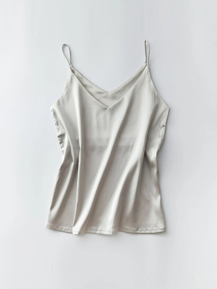 Spaghettiträger-Top für Damen, Neckholder, V-Ausschnitt, Basic, weiß, Cami, ärmellos, Satin-Seiden-Tanktops, Damen-Sommer-Unterhemd - flohmarkt-deutschland.shop