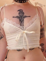 Spitzenbesatz Crop Top Ästhetische weiße Schleife Süße süße Mini Weste Gestricktes Basic Casual Tee Damen Sommer Rückenfrei Strand - flohmarkt-deutschland.shop