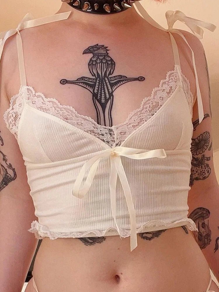 Spitzenbesatz Crop Top Ästhetische weiße Schleife Süße süße Mini Weste Gestricktes Basic Casual Tee Damen Sommer Rückenfrei Strand - flohmarkt-deutschland.shop