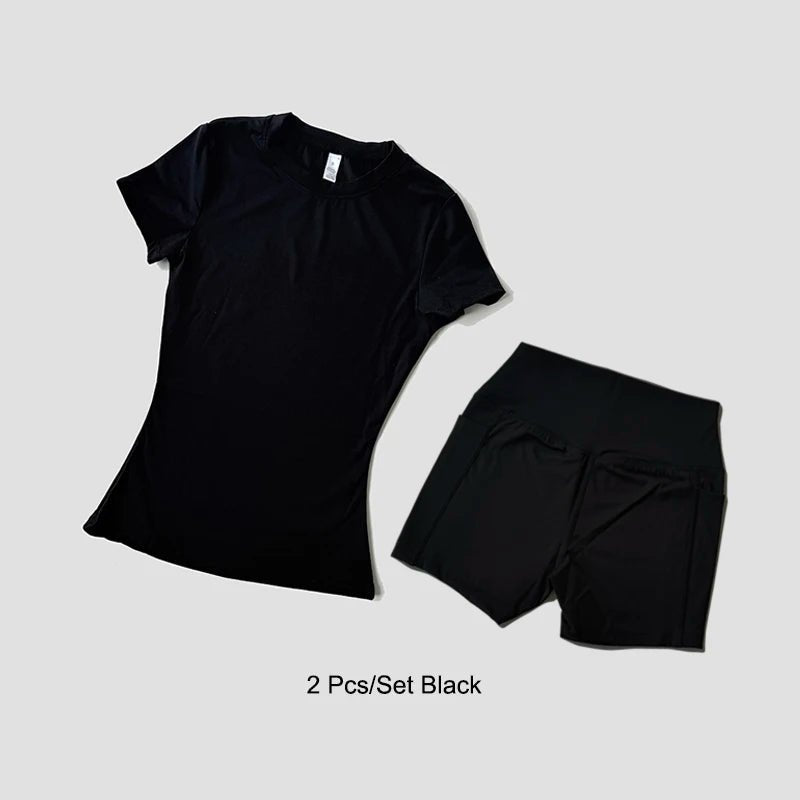 Sports Sets Fitness Hip-lifting Tight Top Short Sleeve Running Workout Gym Shorts Tracksuits For Women Breathable Sports Suits - flohmarkt-deutschland.shop