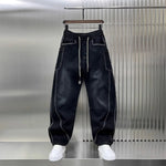 Spring Autumn 2025 New Splicing Cutting Elastic Waist Large Size Boys Washed Loose Wide Leg Big Pocket Scimitar Drawstring Jeans - flohmarkt-deutschland.shop