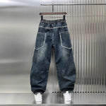 Spring Autumn 2025 New Splicing Cutting Elastic Waist Large Size Boys Washed Loose Wide Leg Big Pocket Scimitar Drawstring Jeans - flohmarkt-deutschland.shop