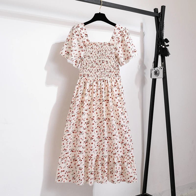 Spring Summer Chiffon Dress Women Midi DressesFemale Short Sleeve Elastic Waist Printed Floral Pleated Backless Casual Dress - flohmarkt-deutschland.shop