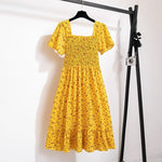 Spring Summer Chiffon Dress Women Midi DressesFemale Short Sleeve Elastic Waist Printed Floral Pleated Backless Casual Dress - flohmarkt-deutschland.shop