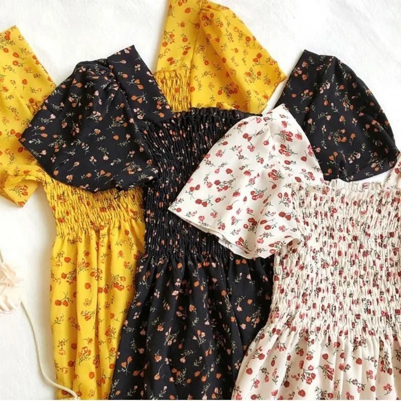Spring Summer Chiffon Dress Women Midi DressesFemale Short Sleeve Elastic Waist Printed Floral Pleated Backless Casual Dress - flohmarkt-deutschland.shop