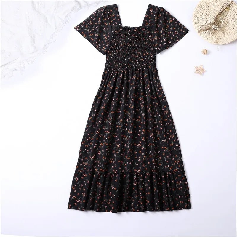 Spring Summer Chiffon Dress Women Midi DressesFemale Short Sleeve Elastic Waist Printed Floral Pleated Backless Casual Dress - flohmarkt-deutschland.shop