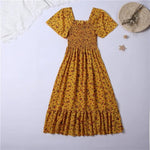 Spring Summer Chiffon Dress Women Midi DressesFemale Short Sleeve Elastic Waist Printed Floral Pleated Backless Casual Dress - flohmarkt-deutschland.shop