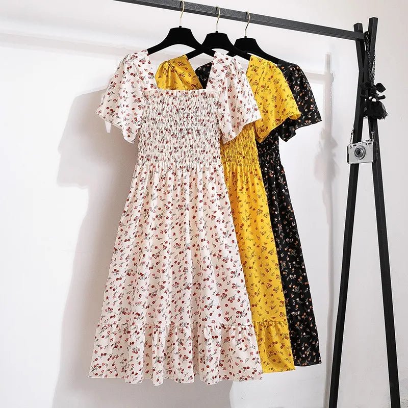 Spring Summer Chiffon Dress Women Midi DressesFemale Short Sleeve Elastic Waist Printed Floral Pleated Backless Casual Dress - flohmarkt-deutschland.shop