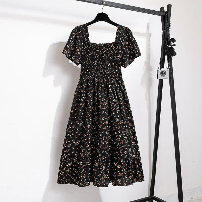 Spring Summer Chiffon Dress Women Midi DressesFemale Short Sleeve Elastic Waist Printed Floral Pleated Backless Casual Dress - flohmarkt-deutschland.shop