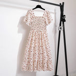 Spring Summer Chiffon Dress Women Midi DressesFemale Short Sleeve Elastic Waist Printed Floral Pleated Backless Casual Dress - flohmarkt-deutschland.shop