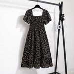 Spring Summer Chiffon Dress Women Midi DressesFemale Short Sleeve Elastic Waist Printed Floral Pleated Backless Casual Dress - flohmarkt-deutschland.shop