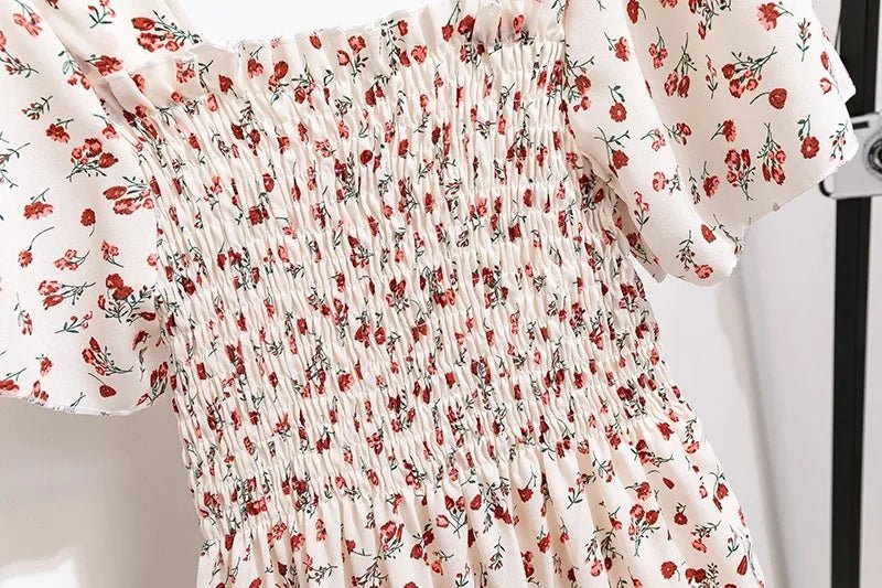 Spring Summer Chiffon Dress Women Midi DressesFemale Short Sleeve Elastic Waist Printed Floral Pleated Backless Casual Dress - flohmarkt-deutschland.shop