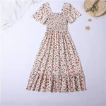 Spring Summer Chiffon Dress Women Midi DressesFemale Short Sleeve Elastic Waist Printed Floral Pleated Backless Casual Dress - flohmarkt-deutschland.shop