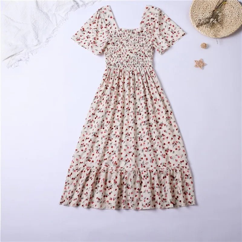 Spring Summer Chiffon Dress Women Midi DressesFemale Short Sleeve Elastic Waist Printed Floral Pleated Backless Casual Dress - flohmarkt-deutschland.shop