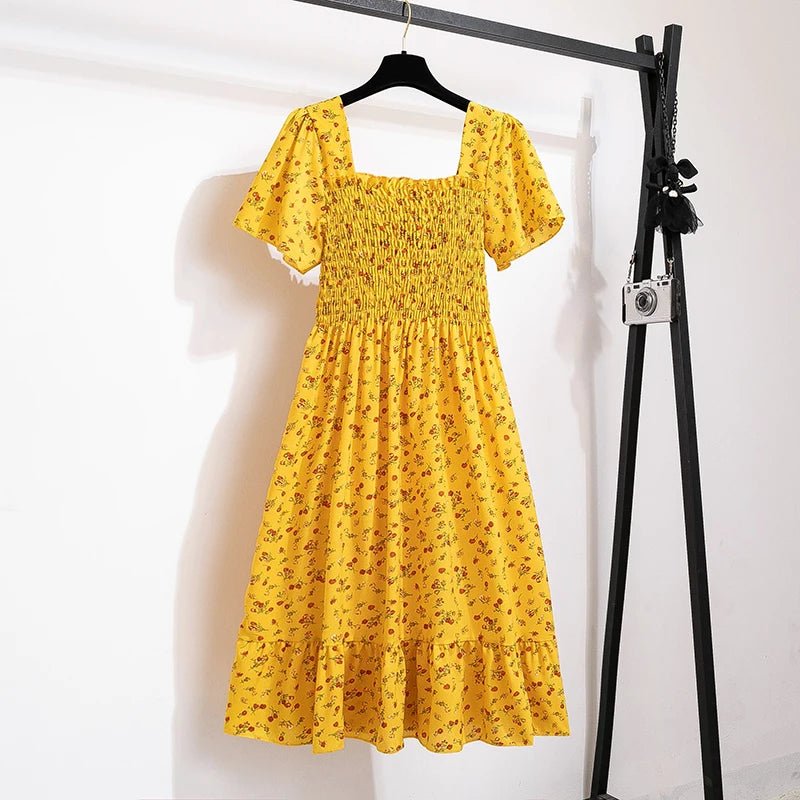 Spring Summer Chiffon Dress Women Midi DressesFemale Short Sleeve Elastic Waist Printed Floral Pleated Backless Casual Dress - flohmarkt-deutschland.shop